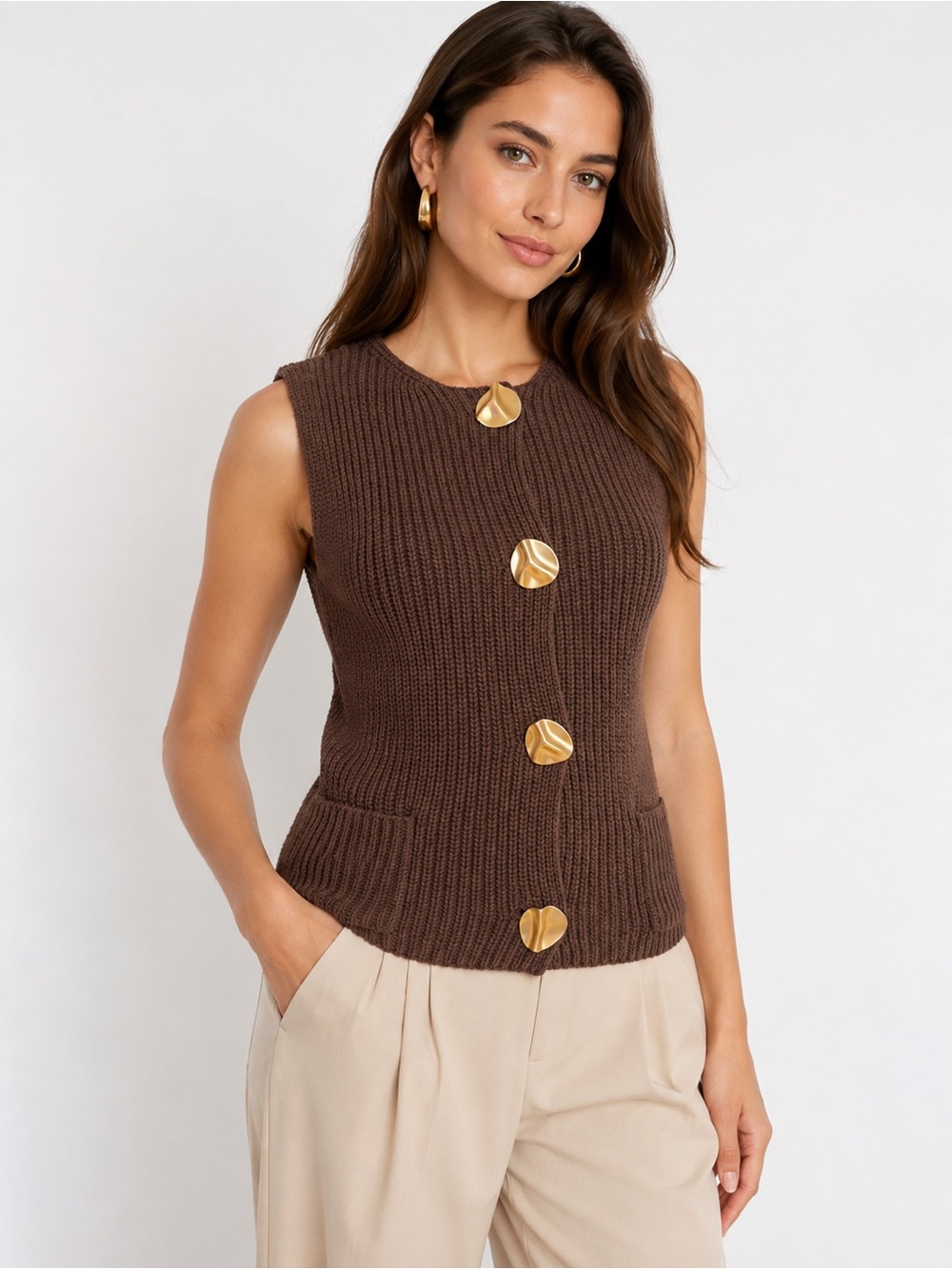 SOHO & STELLA New York Brown Knit Button Front Vest – Size S